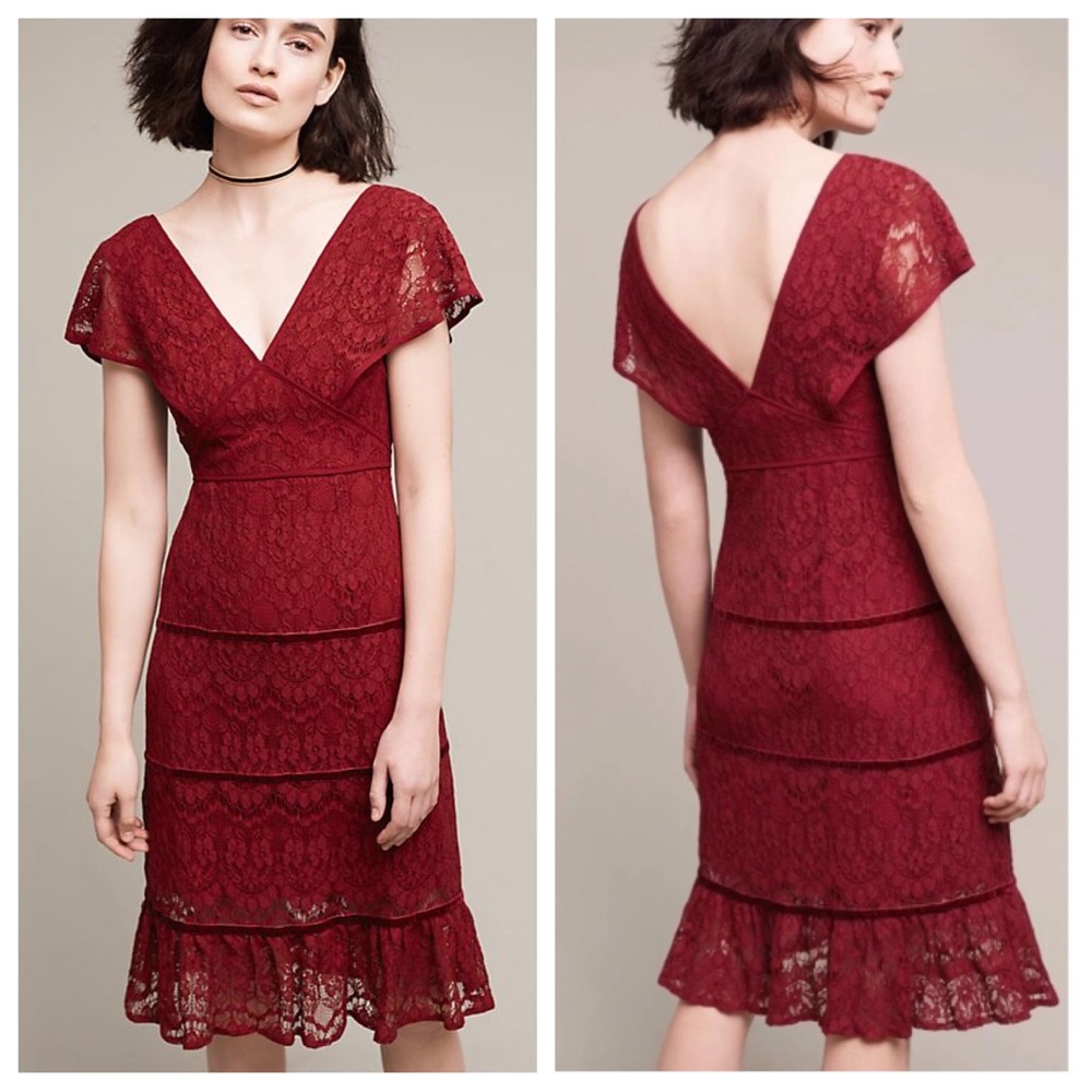 Foxiedox Red Lace Cocktail Dress Burgundy Tiered V Neck Small